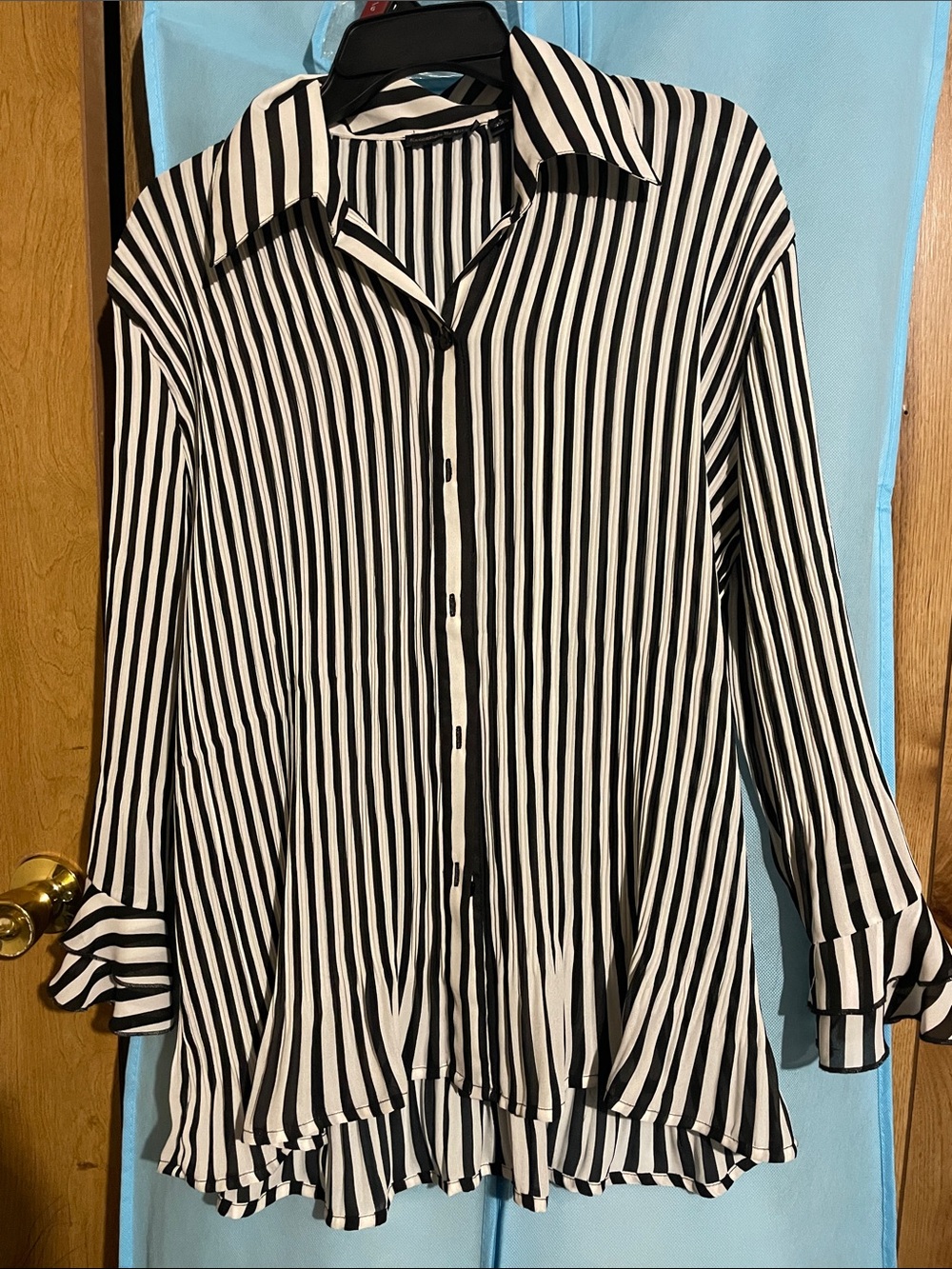 Black & White Vertical Stripe Button-Down Women's Top